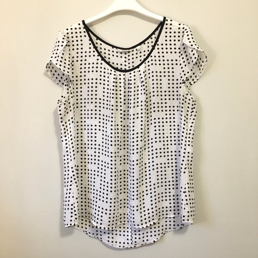 Polka Dot Button Back Blouse XL Tulip Cap Sleeve Work